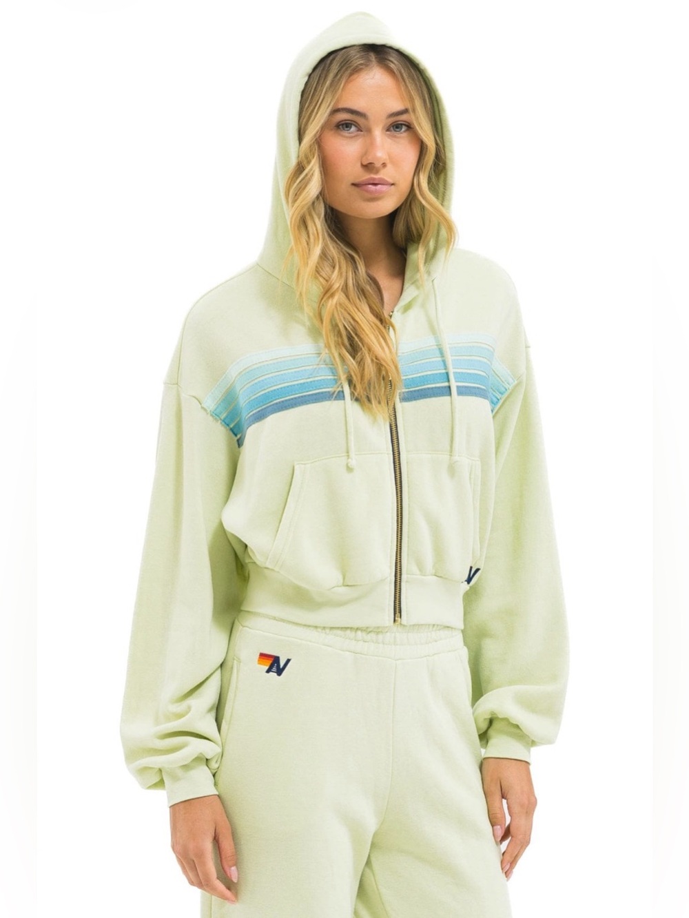 AVIATOR NATION NIP ๐ 5 STRIPE CROPPED ZIP HOODIE RELAXED LIME CREAM SEAFOAM ๐
XS - Picture 5 of 13